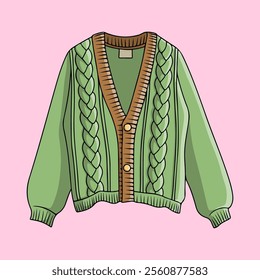 Green knitted cardigan sweater. Winter women's clothing