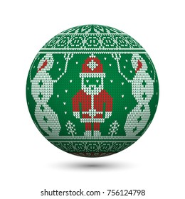 Green knitted christmas ball isolated on white background with Santa Claus and snowman on nordic ornament. Perfect to use for greeting postcards or web banners.