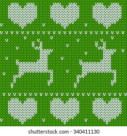 Green Knitted deers sweater in Norwegian style. Knitted Scandinavian ornament. Vector seamless Christmas sweater pattern.