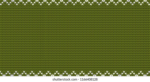 Green knitted fabric background with zig zag border frame and empty copy space for text. Vector illustration, poster, banner, template for greeting card, invitation, flyer. Festive backdrop