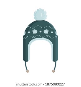 Green knitted hat with a vintage pattern. Warm winter hat. For design on New Year's or Christmas themes, as well as on the theme of winter. Vector, Flat style.