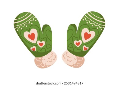 Manoplas de punto verde con corazones de color plano objeto de Vector. Accesorio hecho a mano para la ilustración acogedora y romántica de la atmósfera en blanco