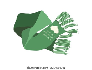 
Green knitted scarf with beige heart shape. Top view.
