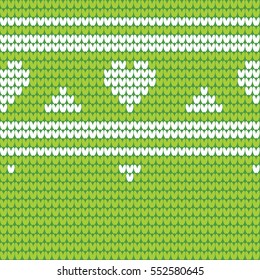 Green knitted seamless pattern with white hearts and stripes. Knitted design for invitations, greeting cards, messages, banners. Vector illustration