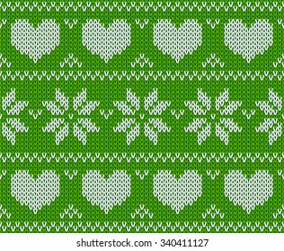 Green Knitted stars and hearts sweater in Norwegian style. Knitted Scandinavian ornament.  Vector seamless Christmas sweater pattern.