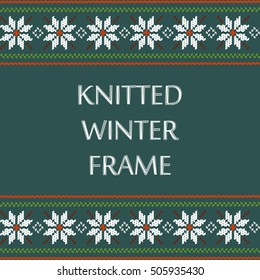 Green knitted winter vector Christmas frame or background for text