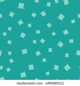 Green Knitting icon isolated seamless pattern on green background. Wool emblem with knitted fabric and needle. Label for hand made, knitting or tailor shop.  Vector Illustration