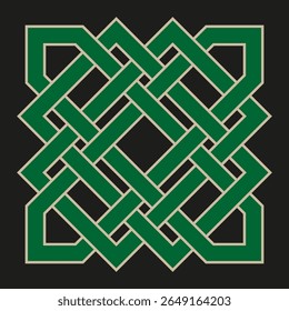 Ícone de nó verde. Motivo quadrado celta. Vetor de loop entrelaçado. Emblema de fundo escuro.