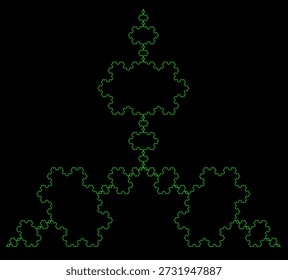 Padrão fractal antisfloco de neve de Green Koch sobre um fundo preto, criado a partir de segmentos de linha com uma estrutura geométrica abstrata, simetria, singularidade, autossimilaridade. Adequado para ilustração matemática, científica e educacional, fundo, cartaz, decoração.