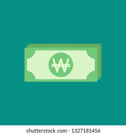Green korean won bank notes. Flat icon isolated on blue. Money pictogram. Сash, coin, currency, bank symbol.  Bank paper vector illustration.