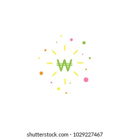 green korean won sign with gold rays and dots.  flat icon. Isolated on white. Electric Light Price icon.  New business idea icon. Money save label. Design thinking. Vector illustration.