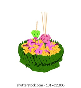 Green Krathong from banana leaves with yellow marigolds and purple orchid petal and Pink and greepaper flower with incense and candles, Thai full moon traditional festival, banana leafs, Vector design