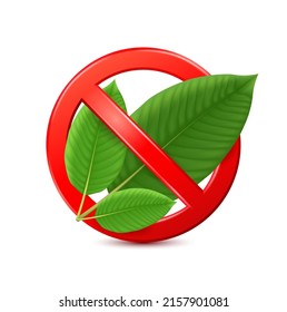 Green Kratom leaf (Mitragyna speciosa) inside red banned sign. Prohibition sign 3D isolated on white background. Prohibition symbol template icon vector EPS10 Illustration.