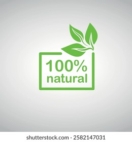 Green label with "100% natural" text, rectangle frame, three green leaves, eco-friendly design.