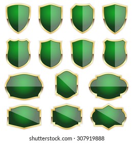 Green label and badges with gold border on white background