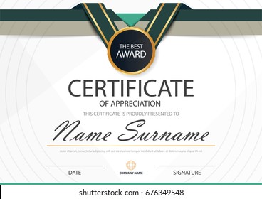 Green label Elegance horizontal certificate with Vector illustration ,white frame certificate template with clean and modern pattern presentation