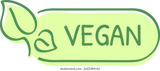 Green label featuring the word vegan in bold letters, accompanied by a stylized leaf illustration, symbolizing plant based and eco friendly products