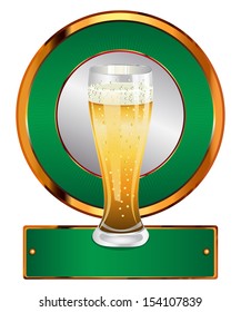 Green label with full glass of beer on white background.