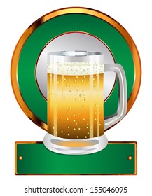 Green label with full glass of beer on white background.