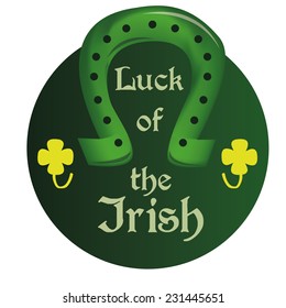 a green label with a horseshoe, text and clovers for patrick's day