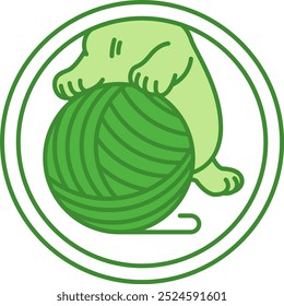 Green Label Kitten Food. Vector Icon. Kitten Playing with a Ball of Yarn. Kitten Food Packaging Sticker