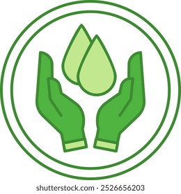 Green Label Moisturizing. Vector Icon. Moisturizer Drops And Human Hands. Sticker For Cosmetics Packaging. Skin Care Concept