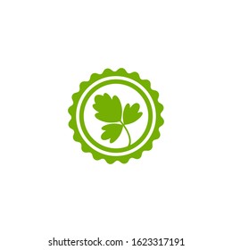 Green label with parsley twig, shoot, sprig. Icon Isolated on white. Logo for eco company, agriculture, nature firm, ecology, healthy organic and farm fresh food. Vector Illustration. kitchen herbs