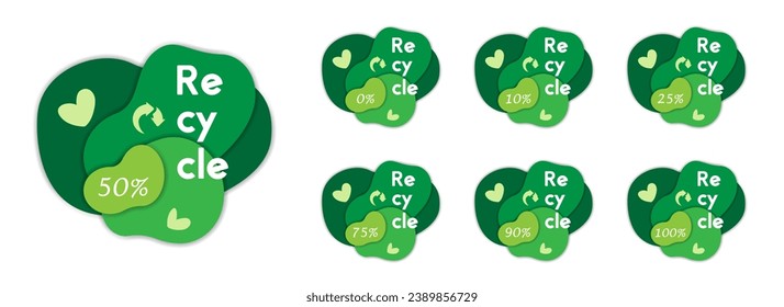 Green label recycling percentages. Product recycling logo set.