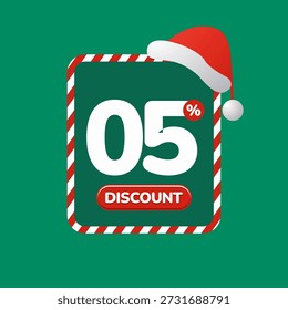 A green label with red and white stripes, a Santa hat, and a 5 percent discount offer.
