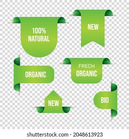Green label tags vector collection. Organic food labels isolated . Fresh eco vegetarian products.