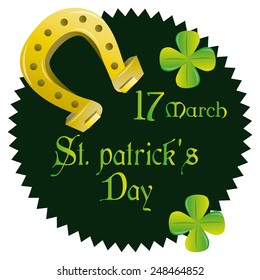 a green label with text, clovers and a golden horseshoe
