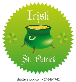 a green label with text, clovers and a pot of golden coins for patrick's day