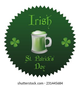 a green label with text, an isolated beer mug and clovers for patrick's day