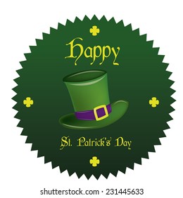 a green label with a traditional hat, clovers and text for patrick's day