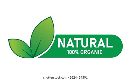 green label with two leaves and text natural 100% organic, used for eco-friendly, healthy, and organic product packaging and branding	