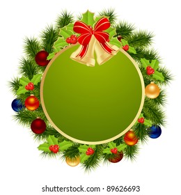 Green label for winter holidays designs. Vector illustration.