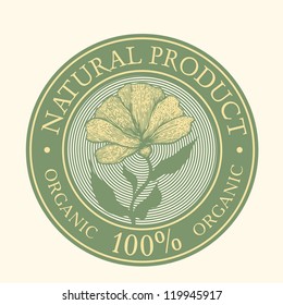 Green Label with the words Natural Product Organic 100% written inside the stamp and flower. vector object isolated.