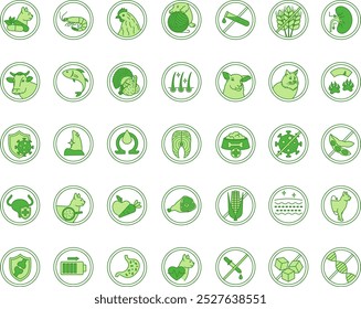 Green Labels for Cat Food Packaging. Vector Icons Low Calorie, Tuna, Chicken, Beef, Lamb, Omega, Turkey, Fish, No Artificial Colors, Strong Immunity, Shiny Coat, Vitamins, and More