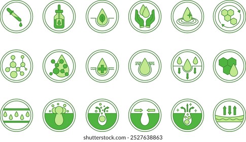 Green Labels for Cosmetic Products Packaging. Skin Care. Vector Icons Acid, Serum, Retinol, Moisturizing, Pure Water, Cell Regeneration, Nourishing Cream, Cleansing Gel, Acne Care, and More