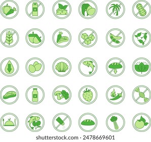 Green Labels for Food Products. Vector Icons Vegan, Vegetarian, Keto, Paleo, Bio, No Palm Oil, No Added Sugar, Contains Meat, Low Carb, No Added Salt and Other