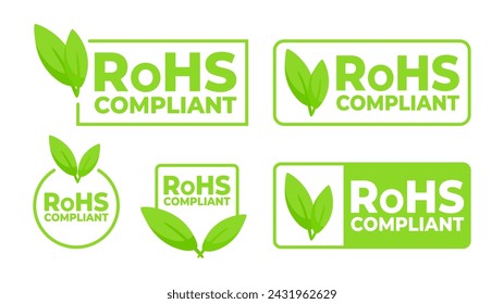 Grüne Etiketten mit einem Blattsymbol, das RoHS-konform für Elektronik anzeigt und umweltbewusste Fertigung fördert.