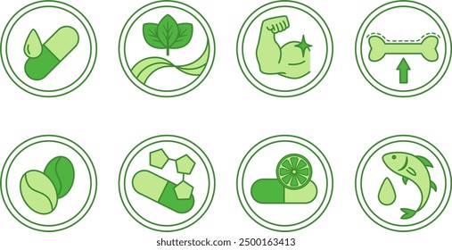 Green Labels for Medicine and Food Packaging. Vector Icons of Vitamin E, Fiber, Protein, Calcium, Caffeine, Minerals, Vitamin C, Omega 3 Fatty Acids