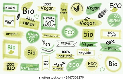 Green labels for natural product. Set of organic, bio, healthy, vegan, natural green sticker