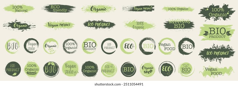 Green labels for natural product. Set of organic, bio, healthy, vegan, natural green sticker