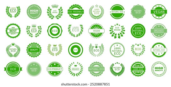 Green labels for natural product. Set of organic, bio, healthy, vegan, natural green sticker