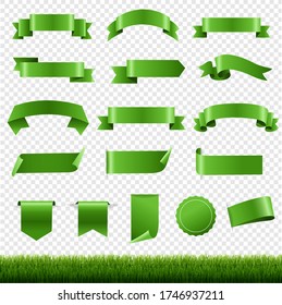 Green Labels And Ribbon Set With Green Grass Border Transparent background With Gradient Mesh, Vector Illustration