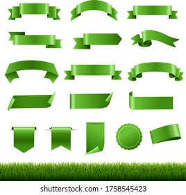 Green Labels And Ribbon Set With Green Grass Border White background With Gradient Mesh, Vector Illustration