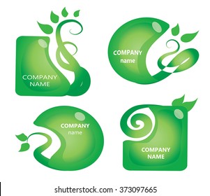 Green labels set  -  eco bio healthy food logo label templates with grow sprout and leaf. Circle and square shapes stickers, tags, company branding element. Organic food badges. Vector. Isolated.