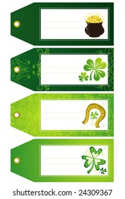 green labels with shamrock and  pot with golden coins