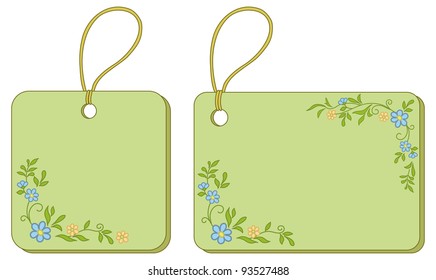 Green labels tags with floral pattern and ropes. Vector